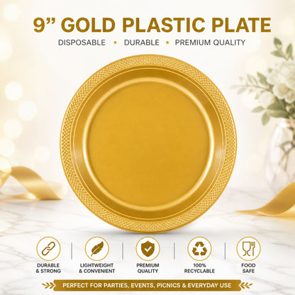 9" Gold Plastic Plate Disposable Durable Disposable Plates Party Dimenions