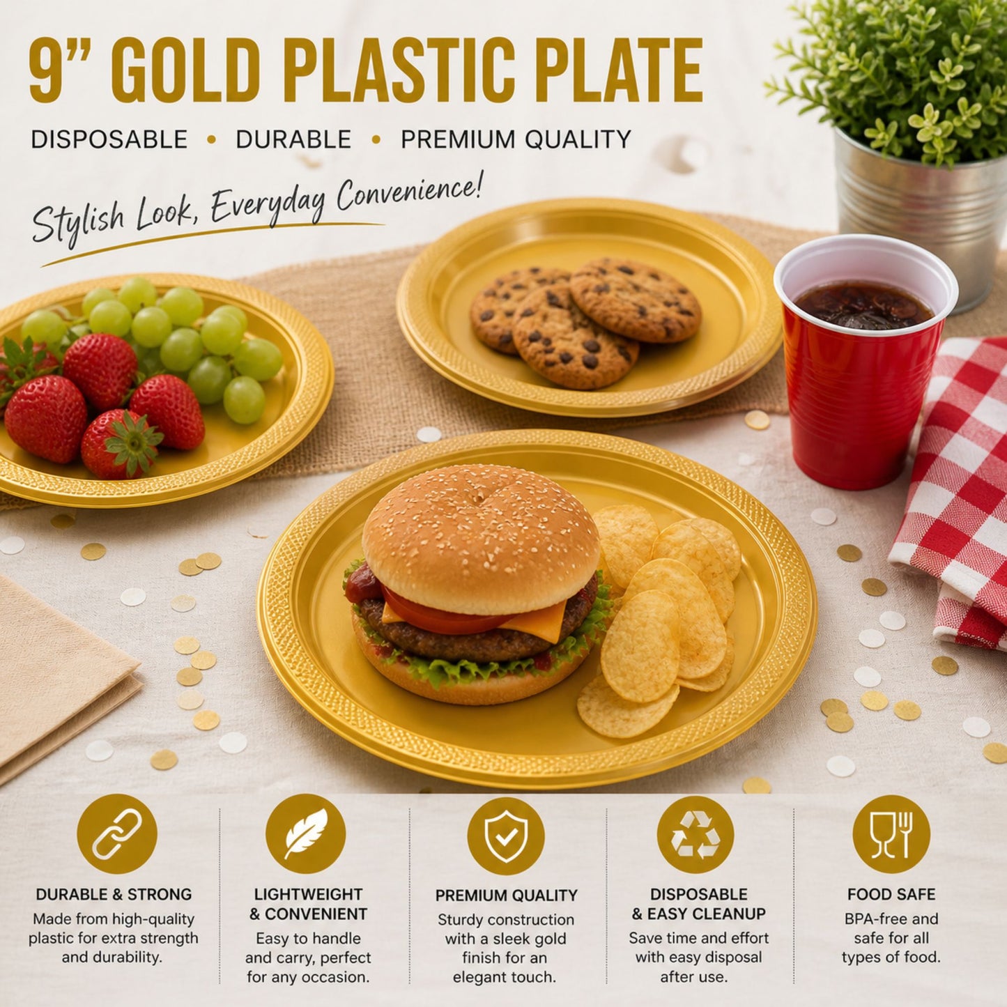 9" Gold Plastic Plate Disposable Durable Disposable Plates Party Dimenions