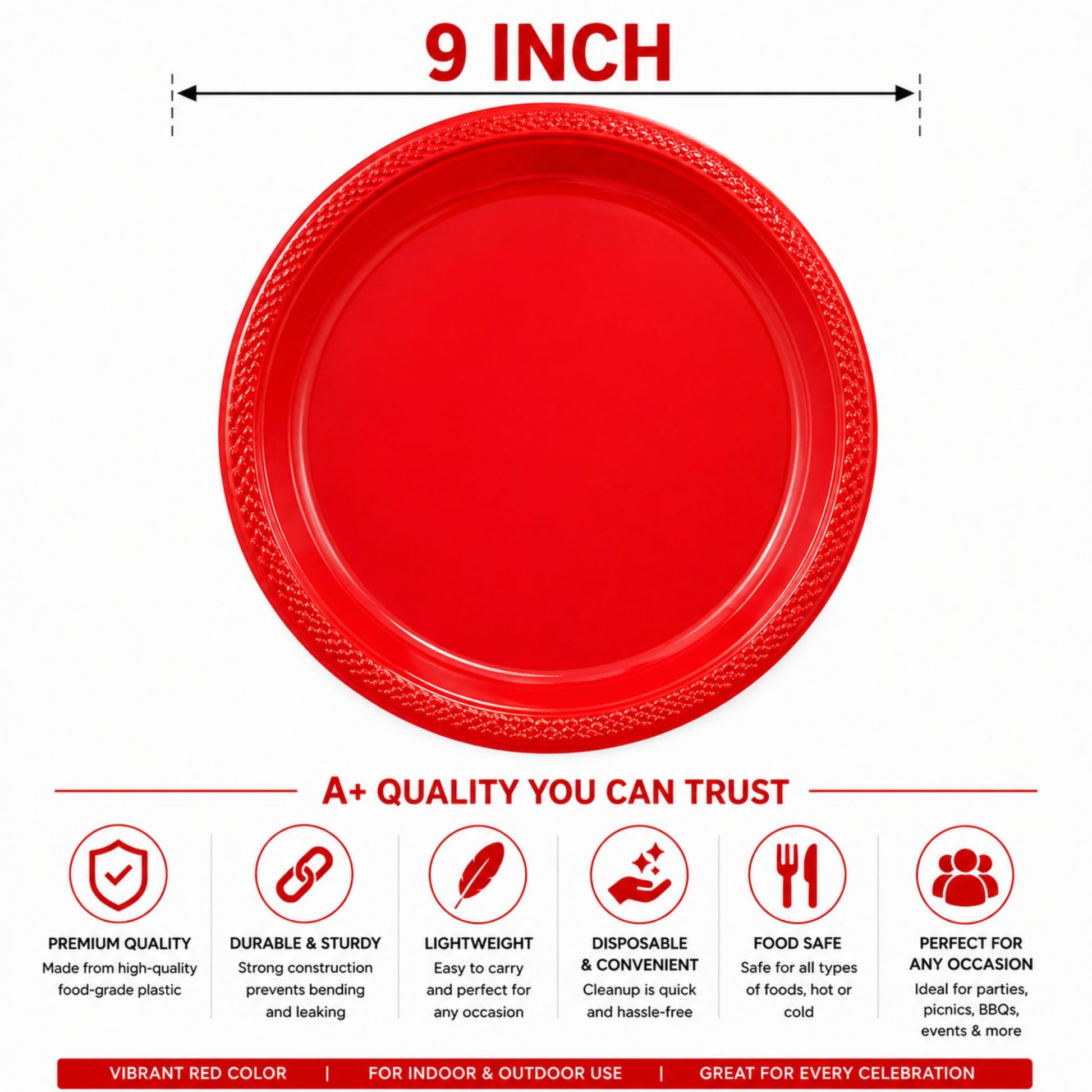9" Plastic Red Plate Disposable Disposable Plates Party Dimensions