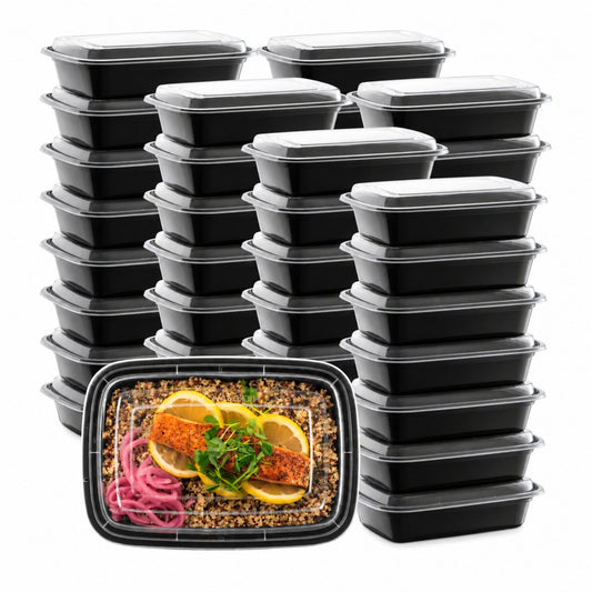 28oz black rectangular meal prep containers with clear lids stacked in bulk, showing portioned meal inside container on white background