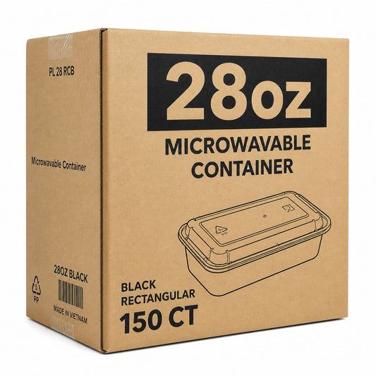 Cardboard box packaging for 28oz microwavable containers with a black rectangular container illustration.