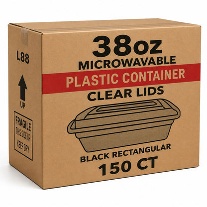*WHOLESALE* 38oz Black Plastic Rectangular Containers with clear lids Disposable 150/Case Food Storage & Serving VeZee