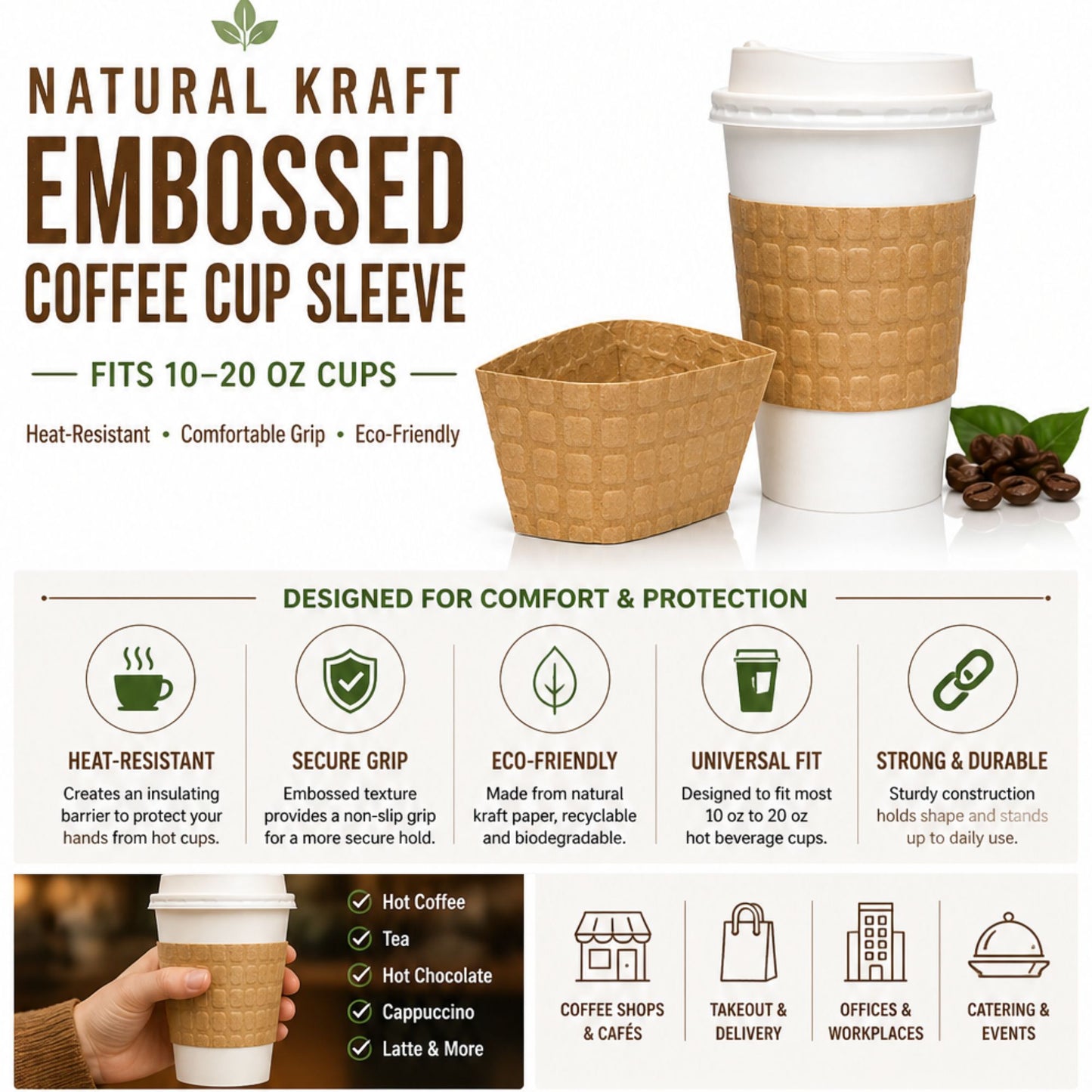 Coffee Cup Sleeve fits 10–20 oz Natural Kraft Embossed Heat-Resistant, Recyclable Drink Sleeves VeZee