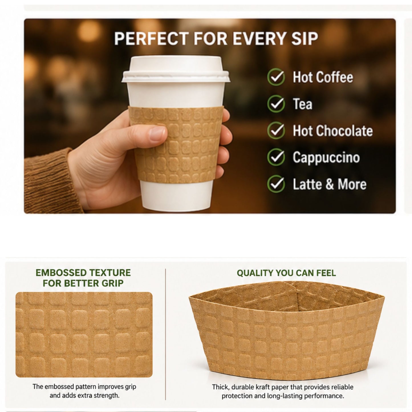 Coffee Cup Sleeve fits 10–20 oz Natural Kraft Embossed Heat-Resistant, Recyclable Drink Sleeves VeZee