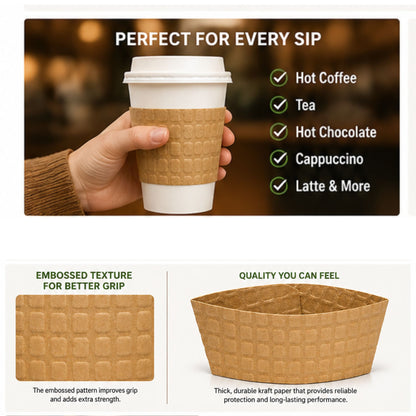 Coffee Cup Sleeve fits 10–20 oz Natural Kraft Embossed Heat-Resistant, Recyclable Drink Sleeves VeZee