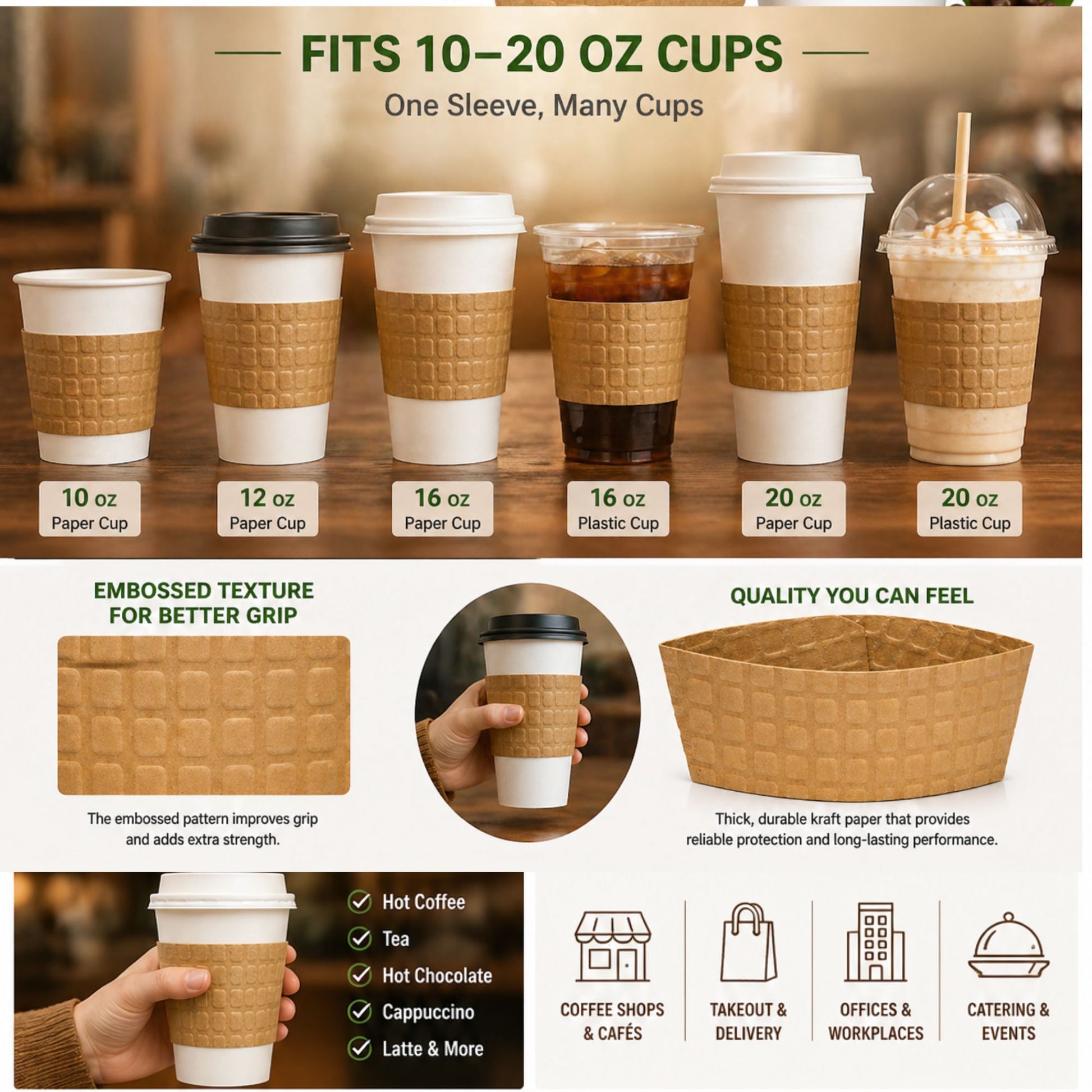 Coffee Cup Sleeve fits 10–20 oz Natural Kraft Embossed Heat-Resistant, Recyclable Drink Sleeves VeZee