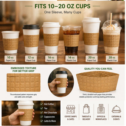 Coffee Cup Sleeve fits 10–20 oz Natural Kraft Embossed Heat-Resistant, Recyclable Drink Sleeves VeZee