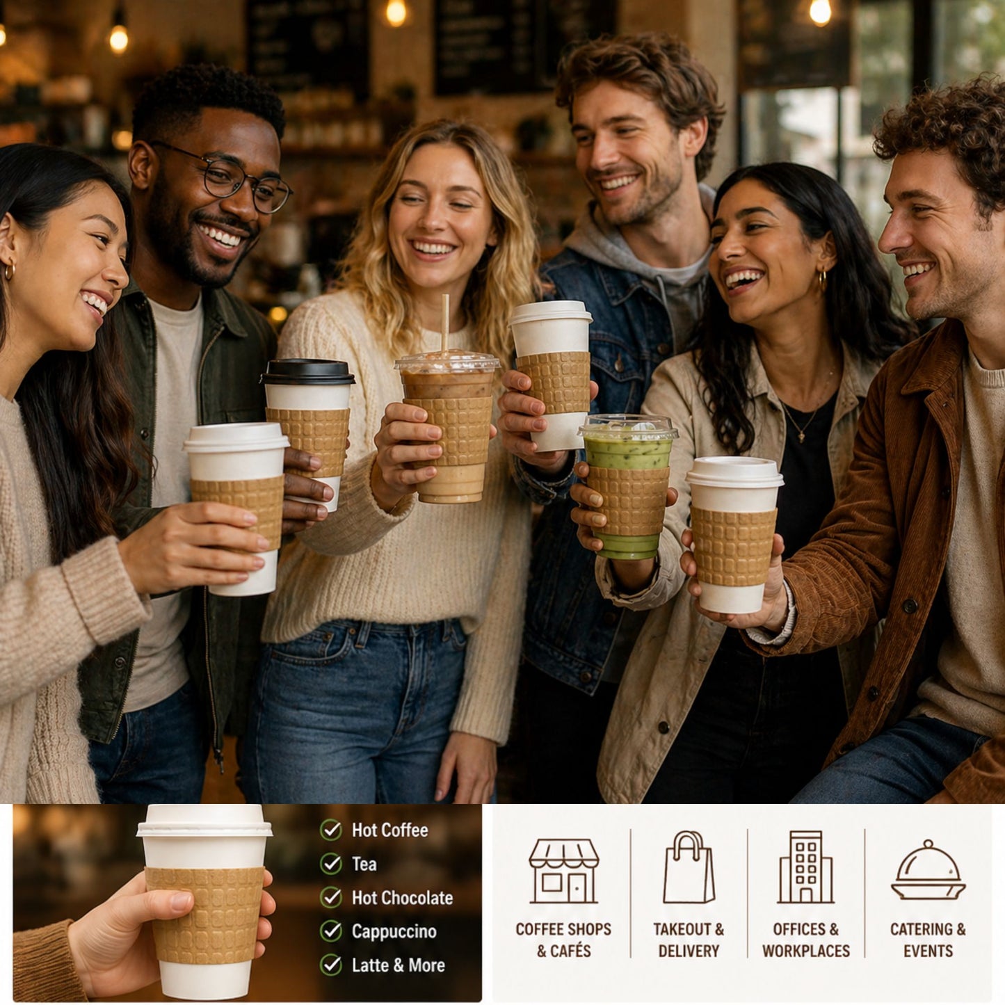 Coffee Cup Sleeve fits 10–20 oz Natural Kraft Embossed Heat-Resistant, Recyclable Drink Sleeves VeZee