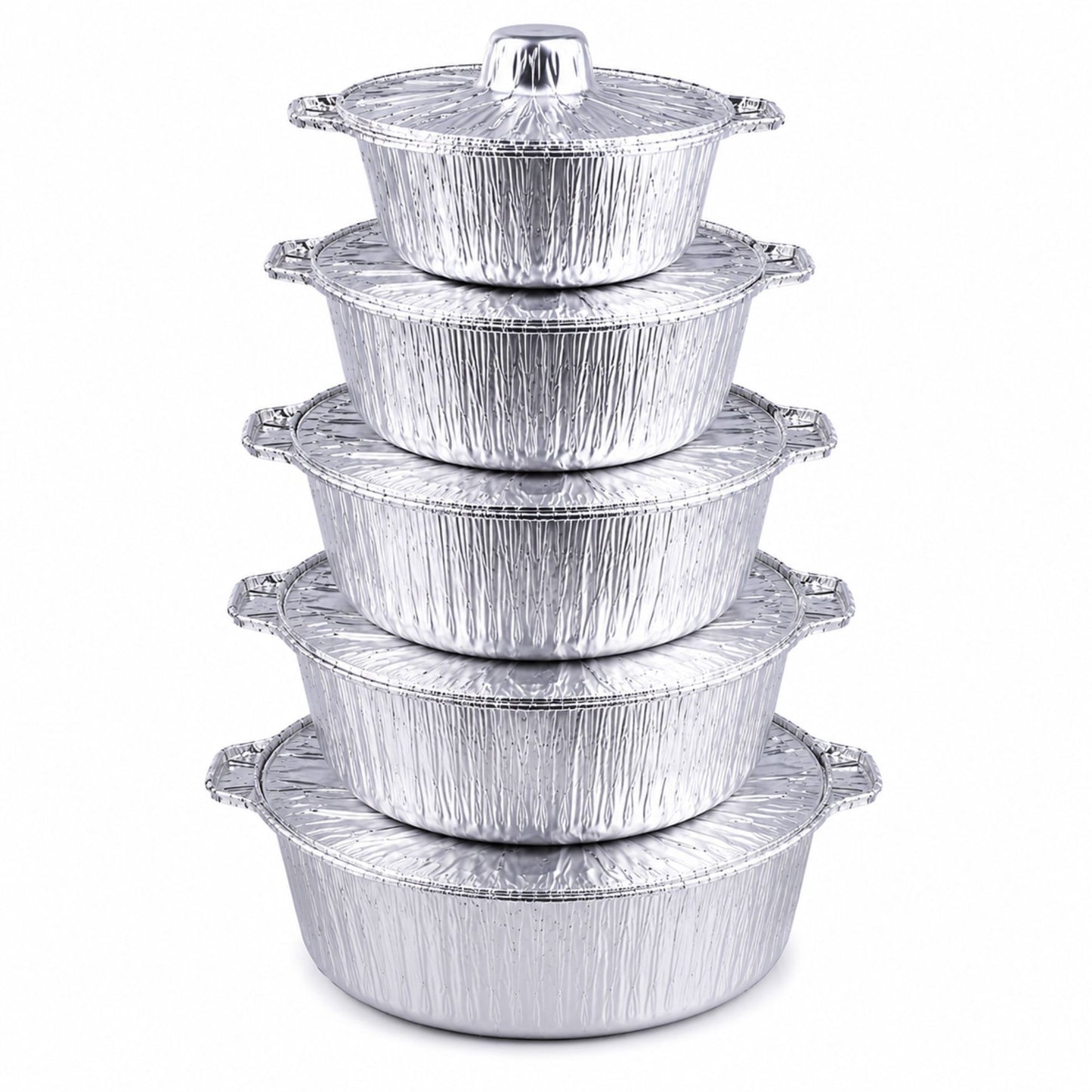 A set of five nested round aluminum foil pots with lids, arranged in a stack on a plain white background.