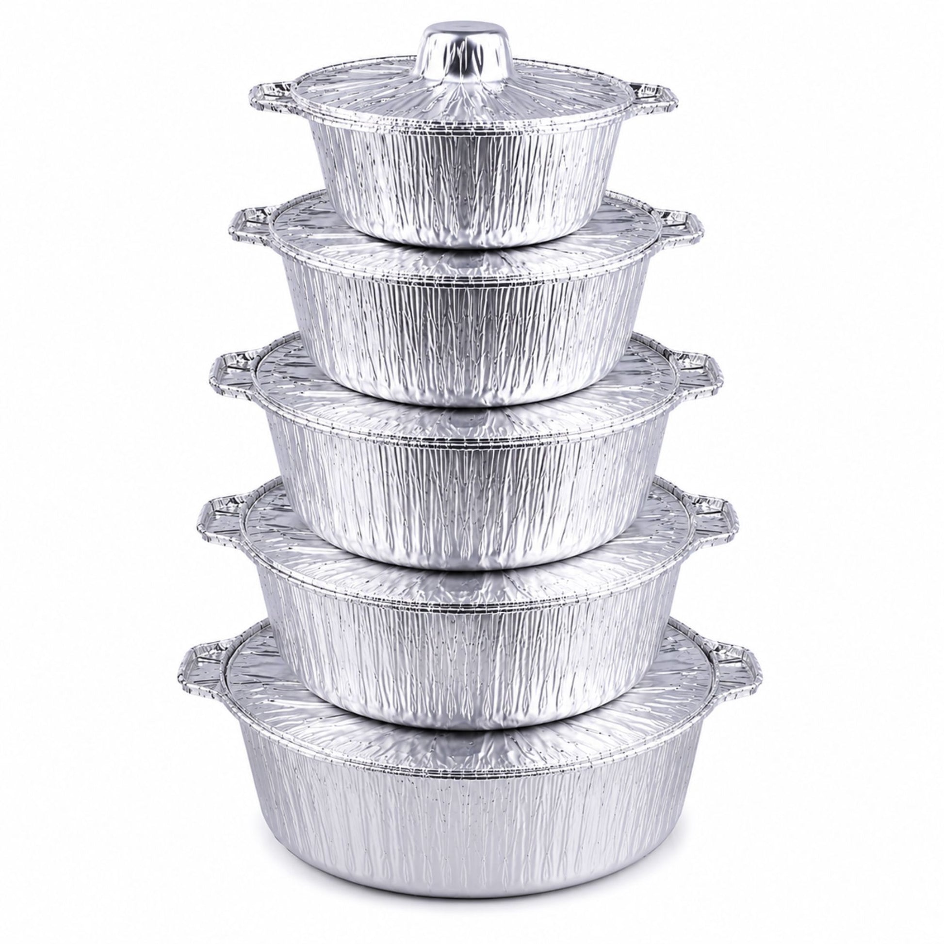A set of five nested round aluminum foil pots with lids, arranged in a stack on a plain white background.