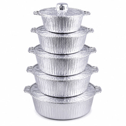 A set of five nested round aluminum foil pots with lids, arranged in a stack on a plain white background.