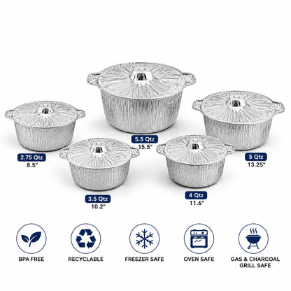 Five silver aluminum lidded pans in different sizes arranged on a white background, with size and capacity labels beneath each pan and feature icons below showing BPA free, recyclable, freezer safe, oven safe, and gas and charcoal grill safe.