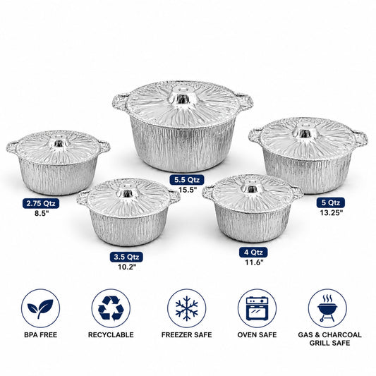 Five silver aluminum lidded pans in different sizes arranged on a white background, with size and capacity labels beneath each pan and feature icons below showing BPA free, recyclable, freezer safe, oven safe, and gas and charcoal grill safe.