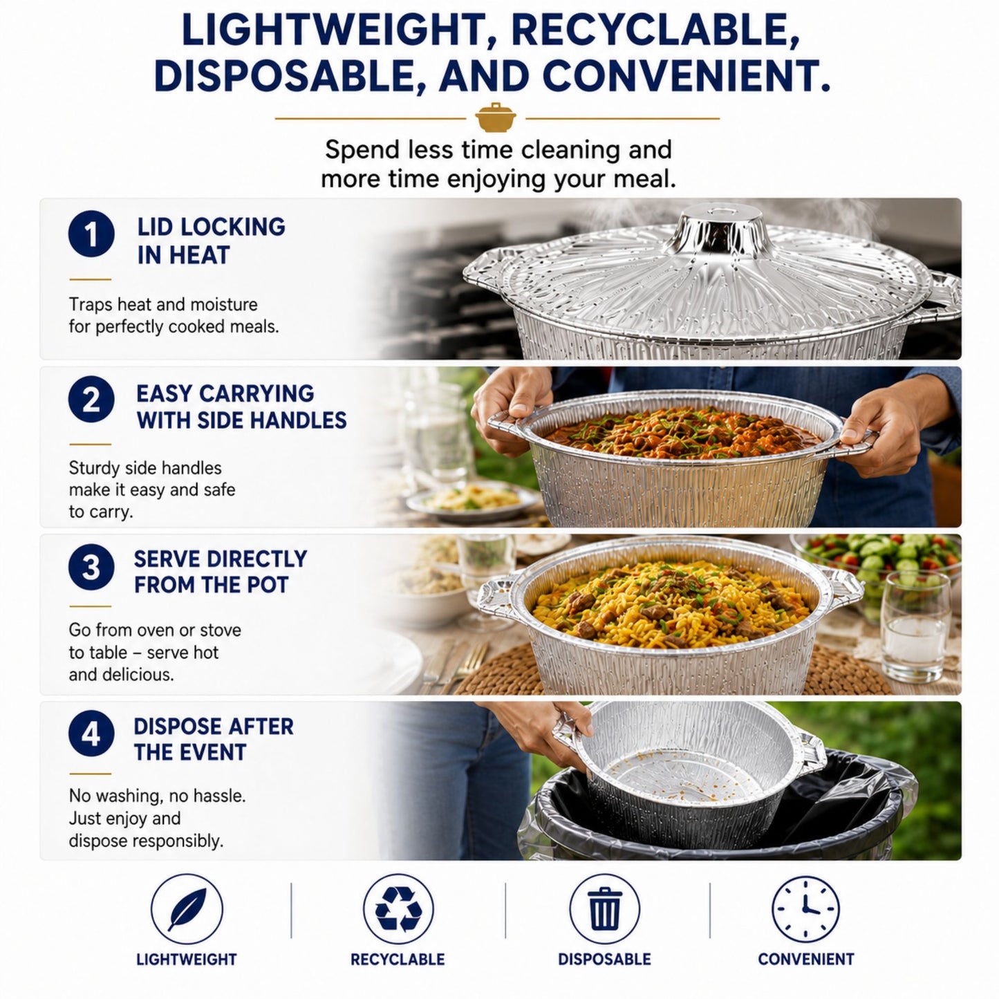 An infographic detailing the benefits of a lightweight, recyclable, disposable, and convenient aluminum pot. The graphic features a large clear aluminum pot with a lid at the top, followed by four numbered steps with images of hands carrying and serving the pot, and icons at the bottom highlighting its key features.