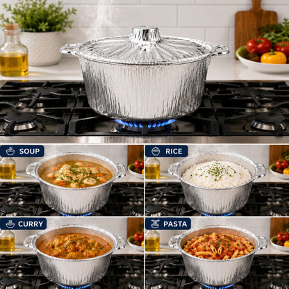 A stainless steel covered pot with a lid sits on a gas stovetop, with steam rising. Below, a four-panel collage shows the pot cooking different foods: soup, rice, curry, and pasta.