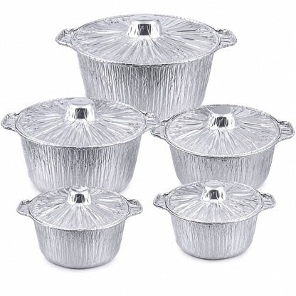 Five aluminum lidded pots or casseroles in different sizes arranged on a plain white background.