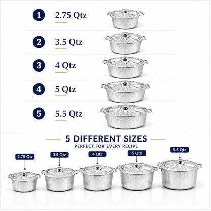 Size chart showing five different sizes of silver aluminum pot sets with labeled capacities from 2.75 Qt to 5.