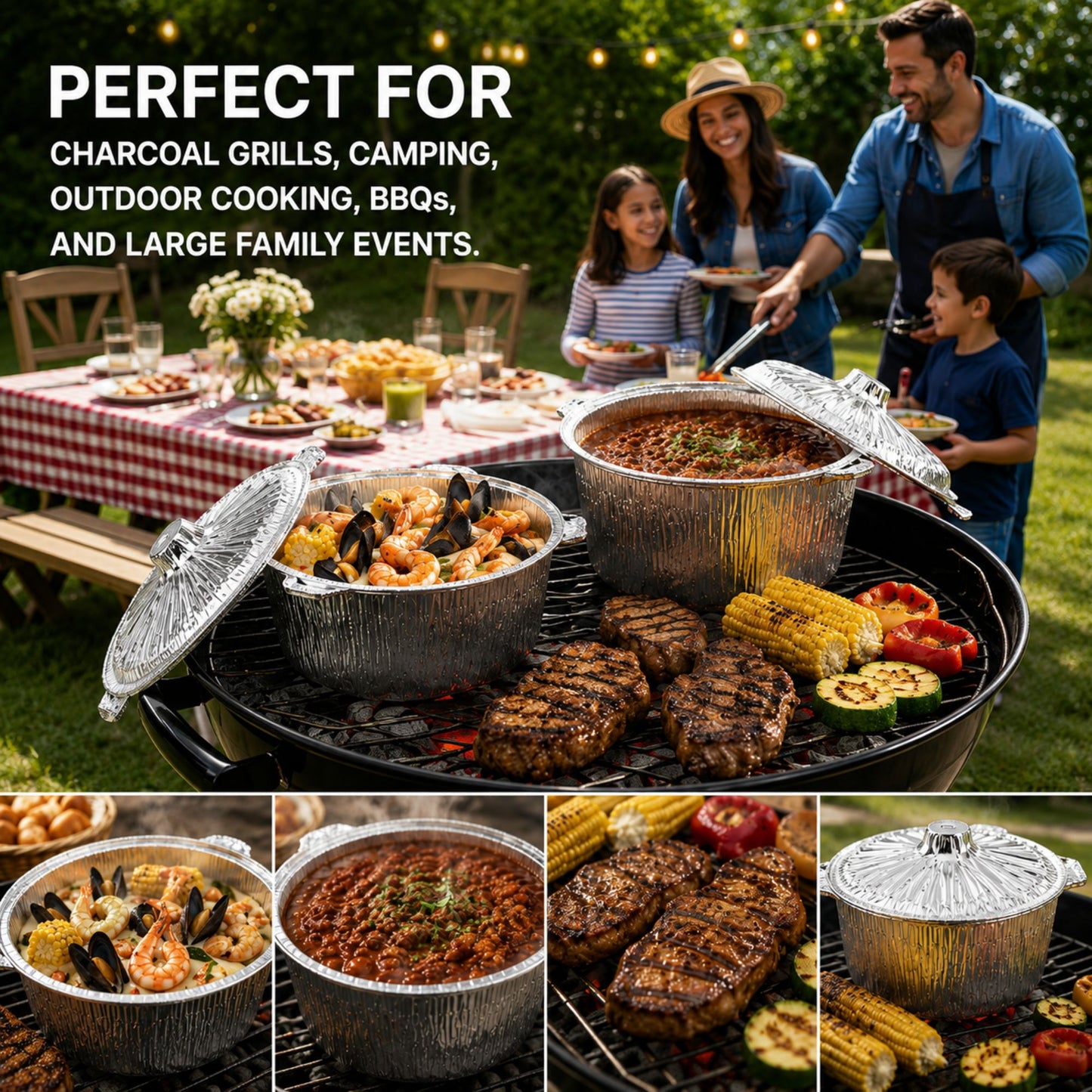 Outdoor family barbecue scene with foil pots and grills on a round charcoal kettle, plus text reading 'PERFECT FOR CHARCOAL GRILLS, CAMPING, OUTDOOR COOKING, BBQS, AND LARGE FAMILY EVENTS.'.