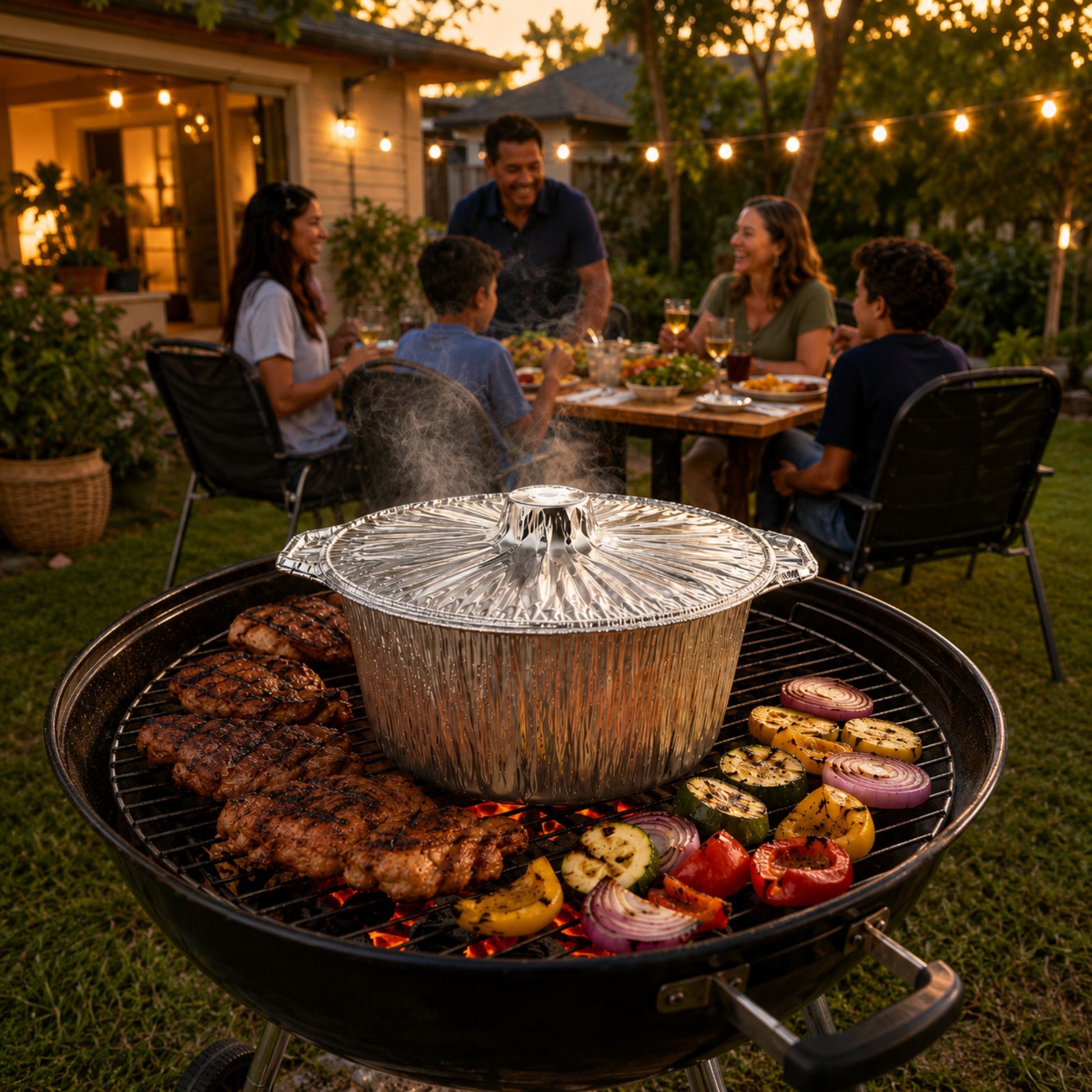 A large black round charcoal grill in a backyard setting, with a foil-covered pot placed on top of the grill grate. Cooked meat, sliced vegetables, and onions are grilling around it, while a family sits at a dining table in the background under warm string lights.