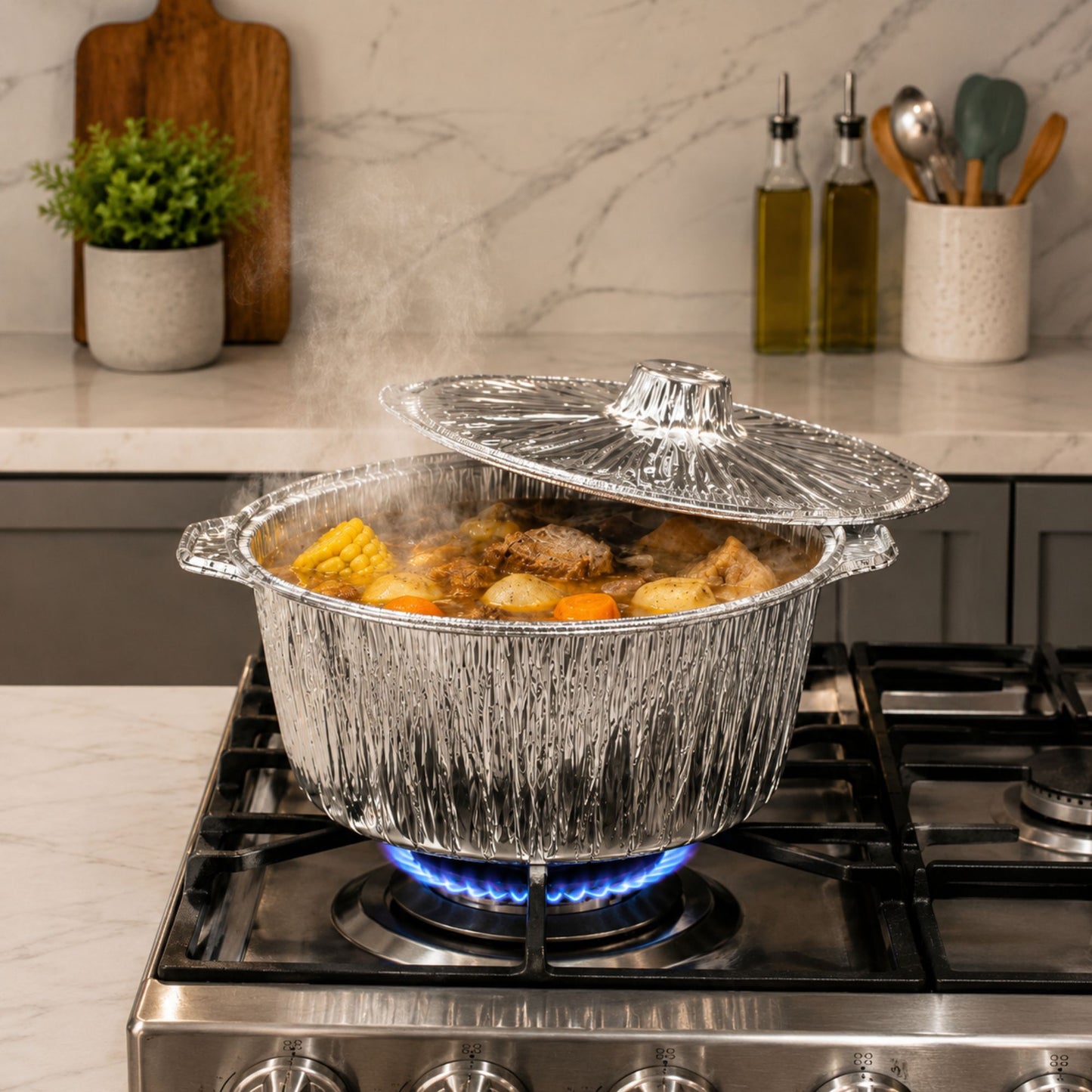 A silver aluminum pot with a matching lid sits on a lit blue gas stove in a kitchen, filled with cooked food. The background shows a marble countertop, wooden cutting board, and kitchen utensils.