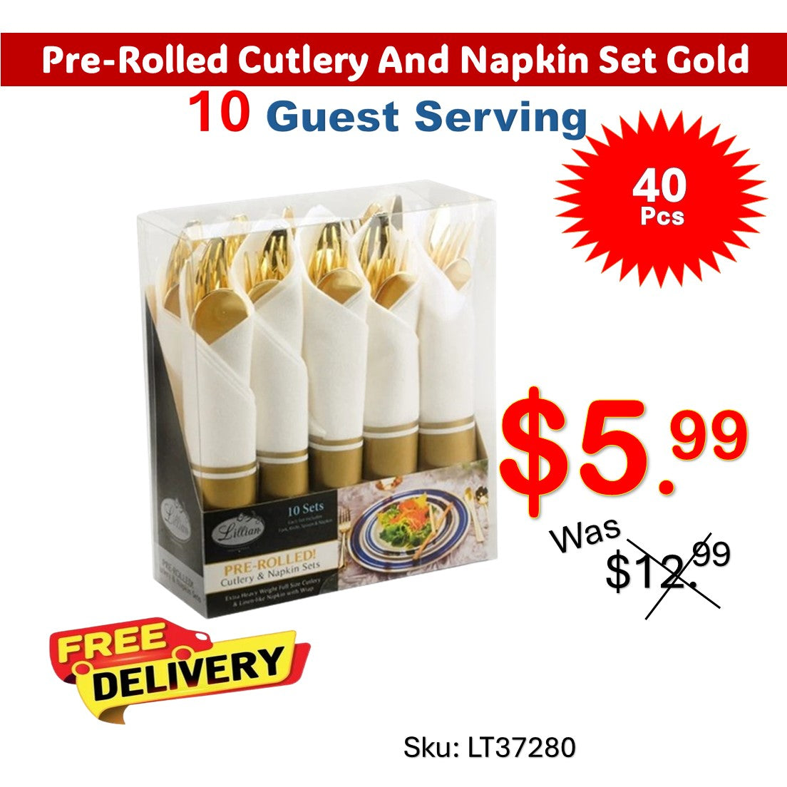 Pre-Rolled Cutlery And Napkin Set Gold Tablesettings Lillian   