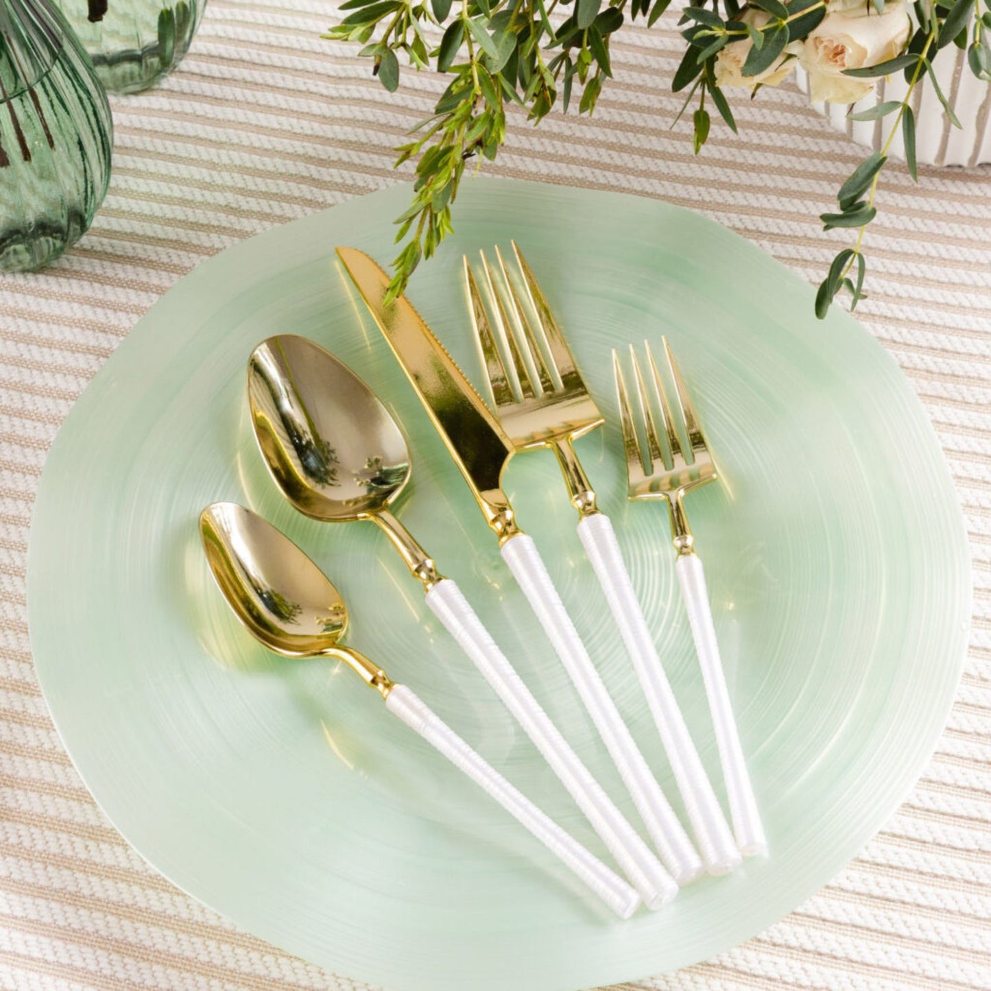 8" Elegant Disposable Pearl/Gold Dinner Forks: Ribbed