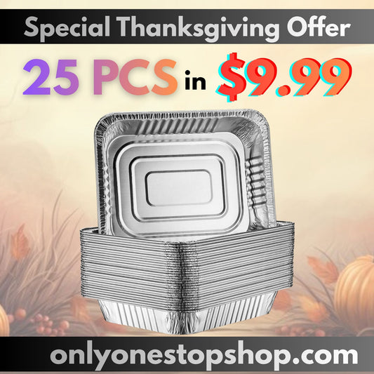 Stack of aluminum food containers with Thanksgiving-themed background and promotional text.