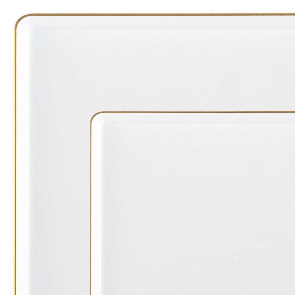 COMBO SET The Edge Collection 10.75" & 7.75" Square White With Gold Rim Plastic Dinnerware Combo Disposable Plates SIMCHA Collection