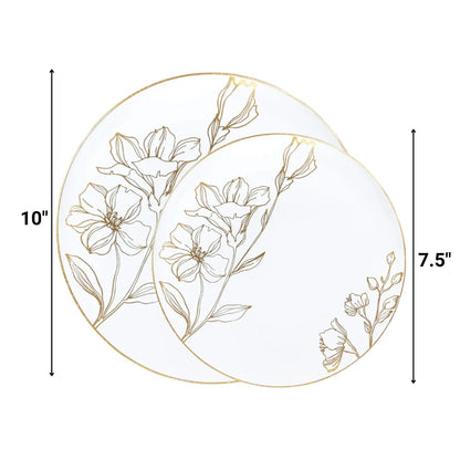 10"&7.5" White & Gold Floral Disposable Plastic Plates COMBO Set-Antique