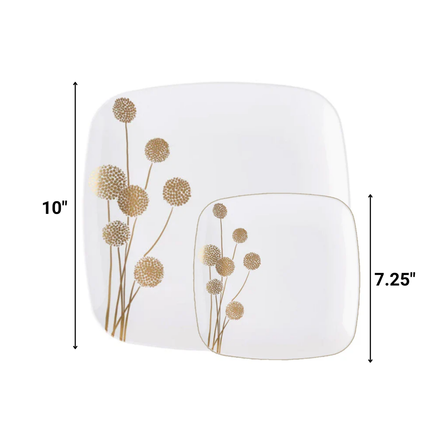 COMBO Gold and White Plastic Dandelion Square Plates 10″  Fancy Disposable - Tableware Package