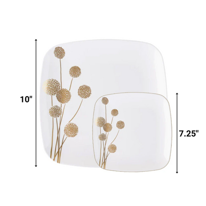 COMBO Gold and White Plastic Dandelion Square Plates 10″  Fancy Disposable - Tableware Package Tablesettings Blue Sky   