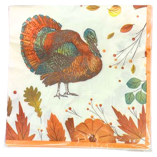 Napkin with a turkey and autumn leaf design on a white background