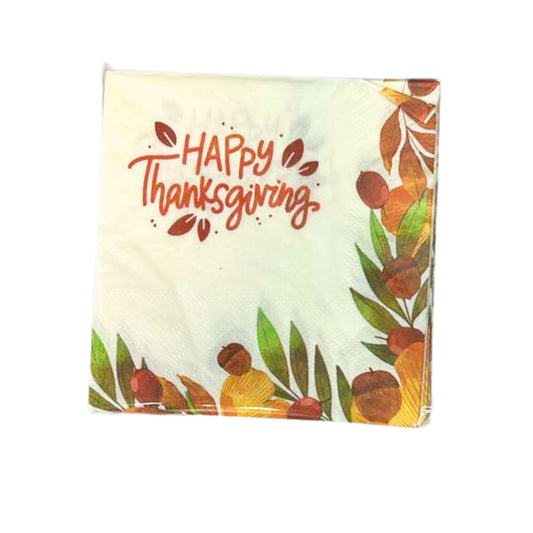 Pack of napkins with 'Happy Thanksgiving' text and autumnal design on a white background