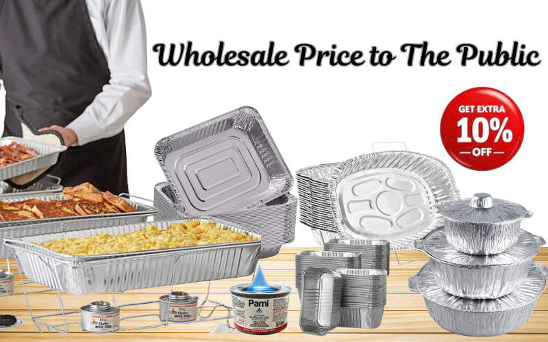 Aluminum food containers with a person serving food, promotional text, and a discount offer on a wooden surface.