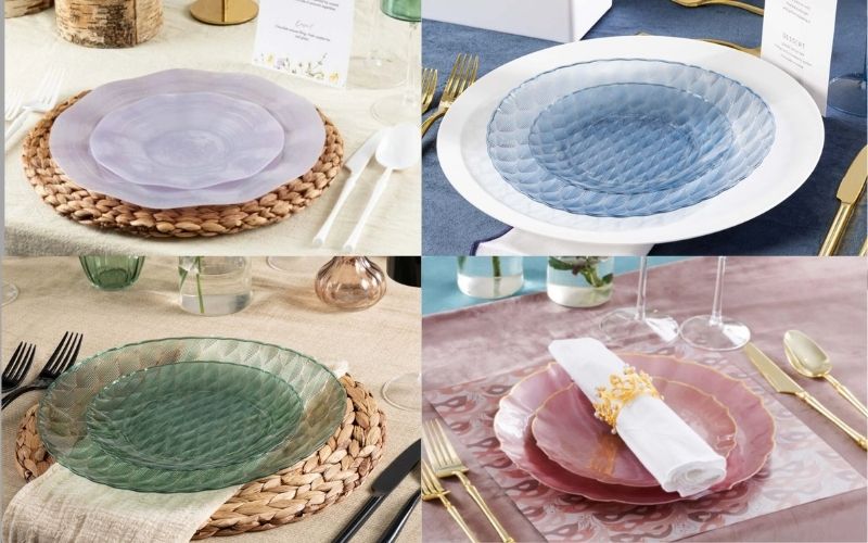 Collage of four different table settings with round plates on woven placemats.
