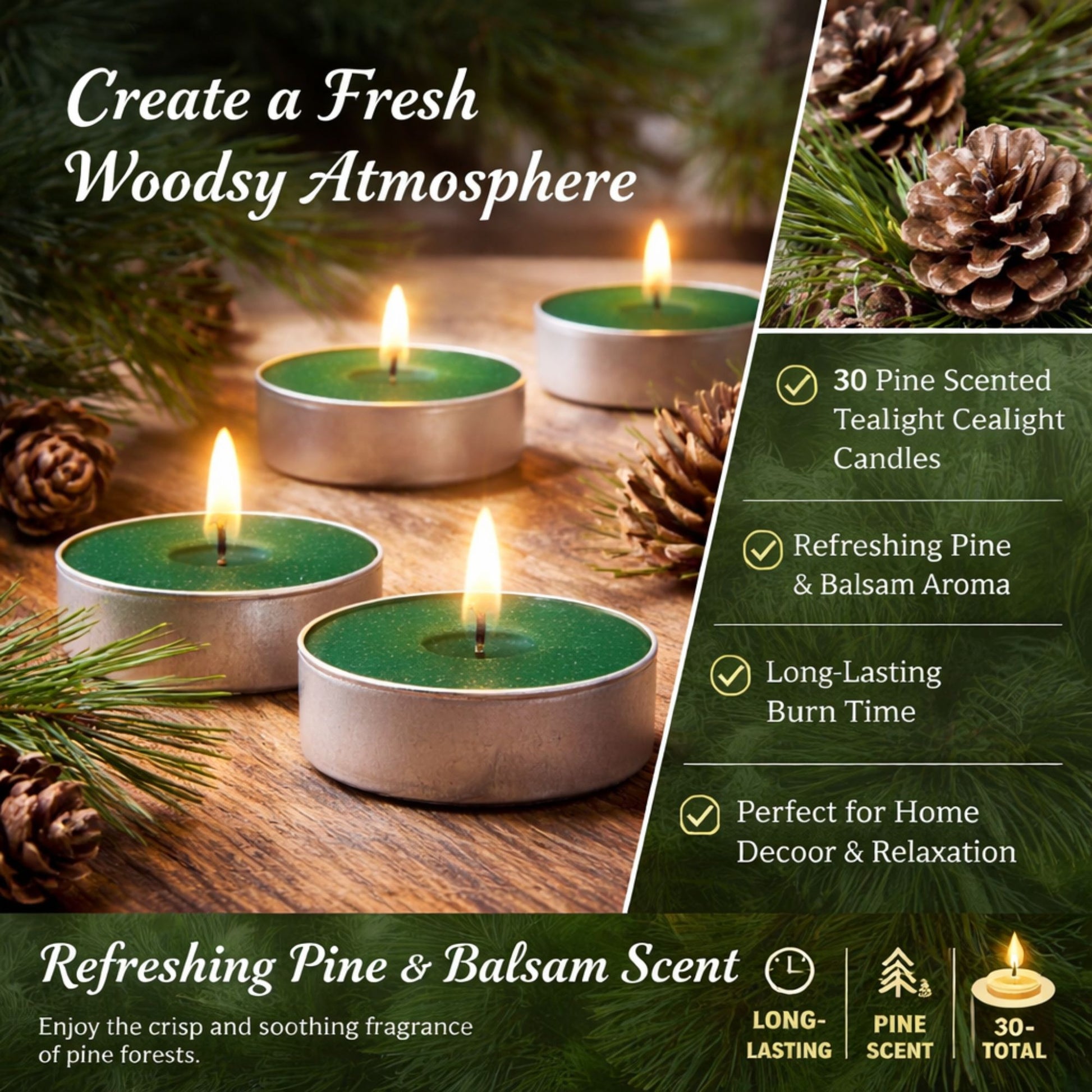 Tealight Pine Scented Candles (30 C0 Count) Candles WICK & WAX