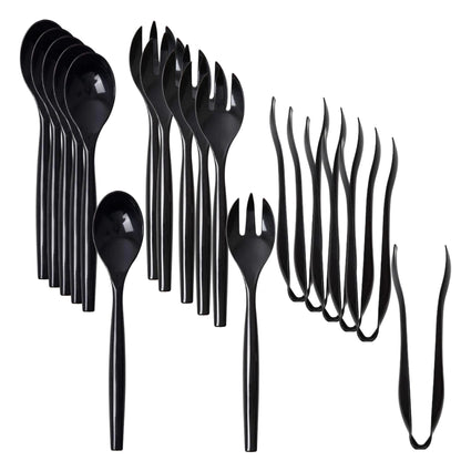 Plastic Serving Utensils, Heavy Duty Black Disposable, 18 piece Set Disposable Cutlery Set Vezee