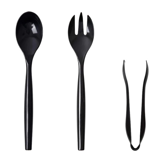Set of black spoon, fork, and tongs on a white background