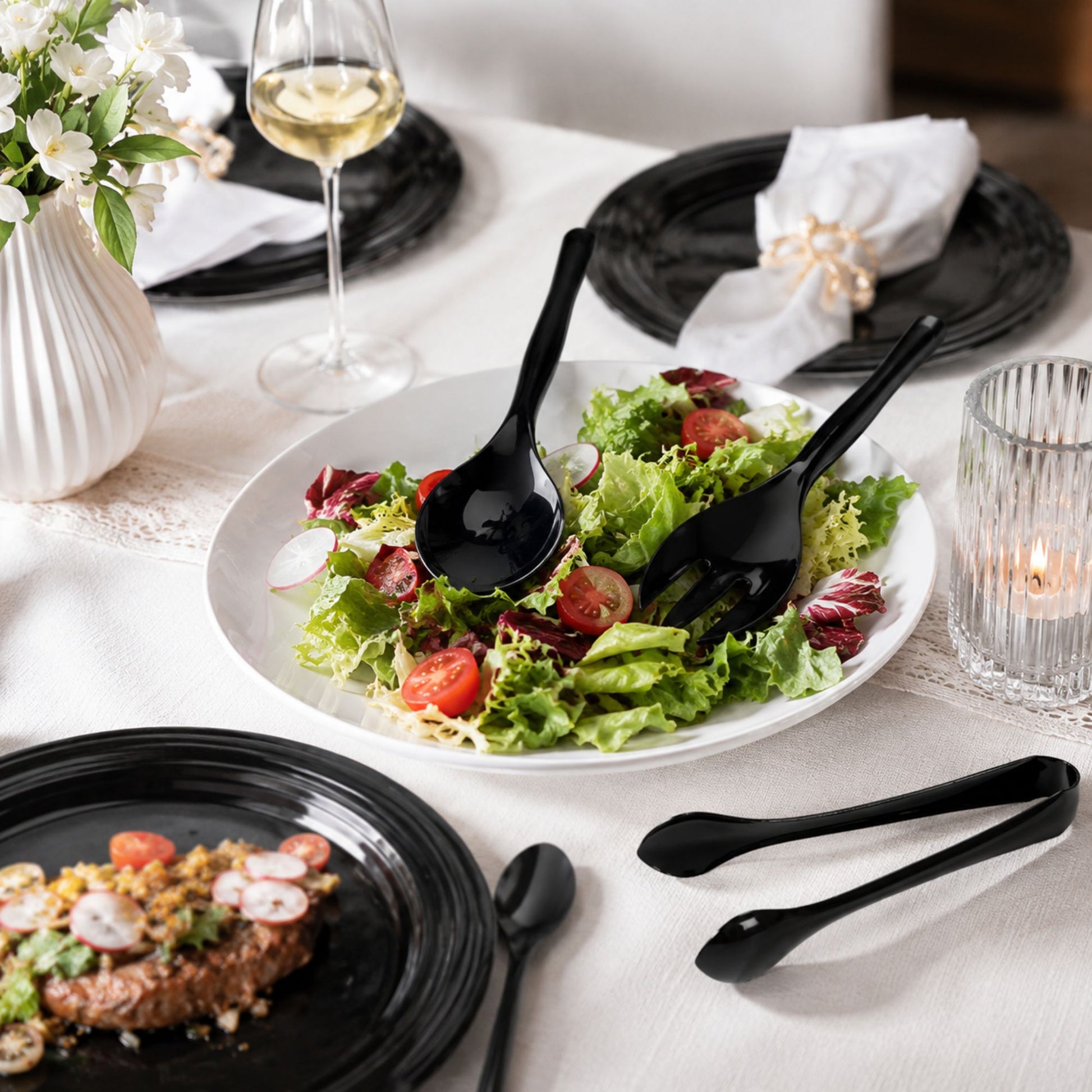 Plastic Serving Utensils,Heavy Duty Black Disposable, 9 Piece Set Disposable Cutlery Set Vezee