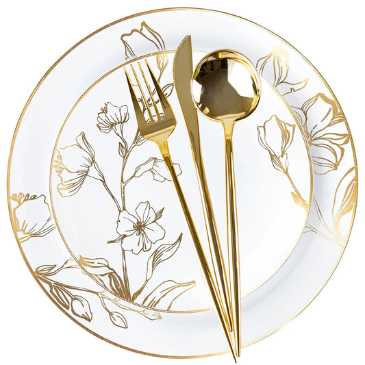 "BULK" Antique Gold Floral Dinner Plates. Elegant Wedding Dinner Plates, Salad Plates, Forks, Spoons, Knives,Cups Plates Blue Sky   