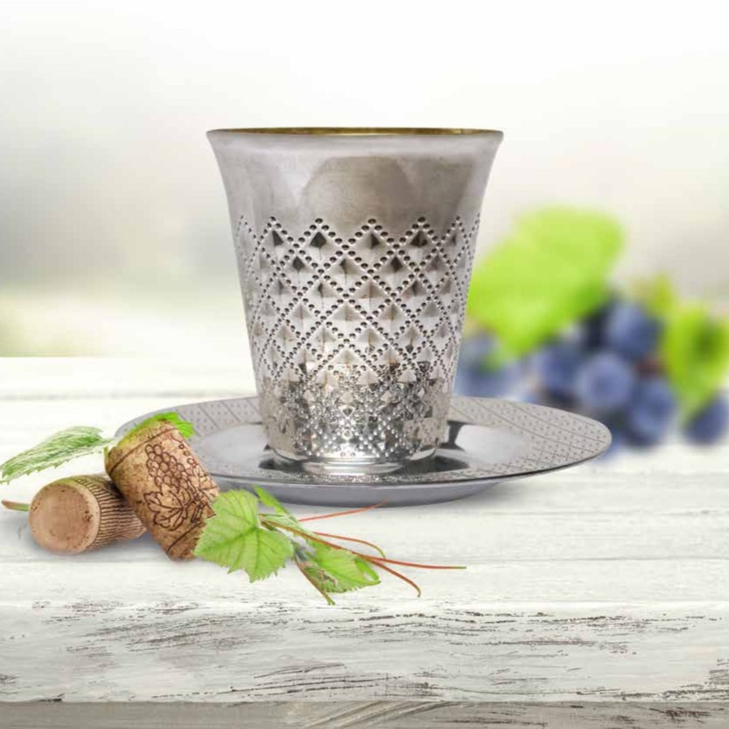 Decor Diamond wine Kiddush / kiddish Cup and Saucers Silver 5 oz Tablesettings Decorline   