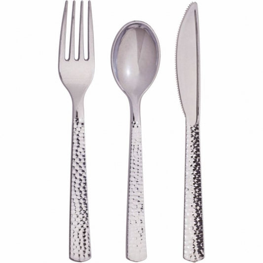 Lilian Tablesettings 96 Pcs Hammered Disposable Extra Heavyweight Silver Plastic Tableware Tablesetting Lillian   