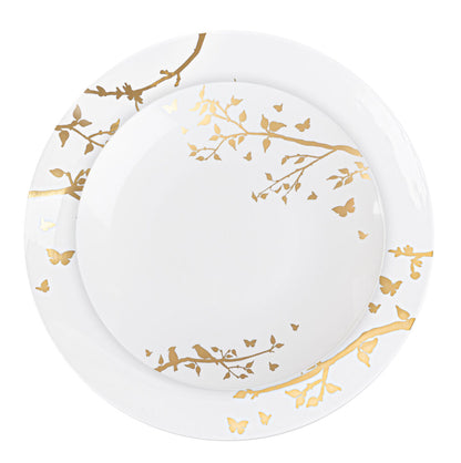 Spring Collection White and Gold Plastic Dinner Plates 10" Tablesettings Blue Sky   