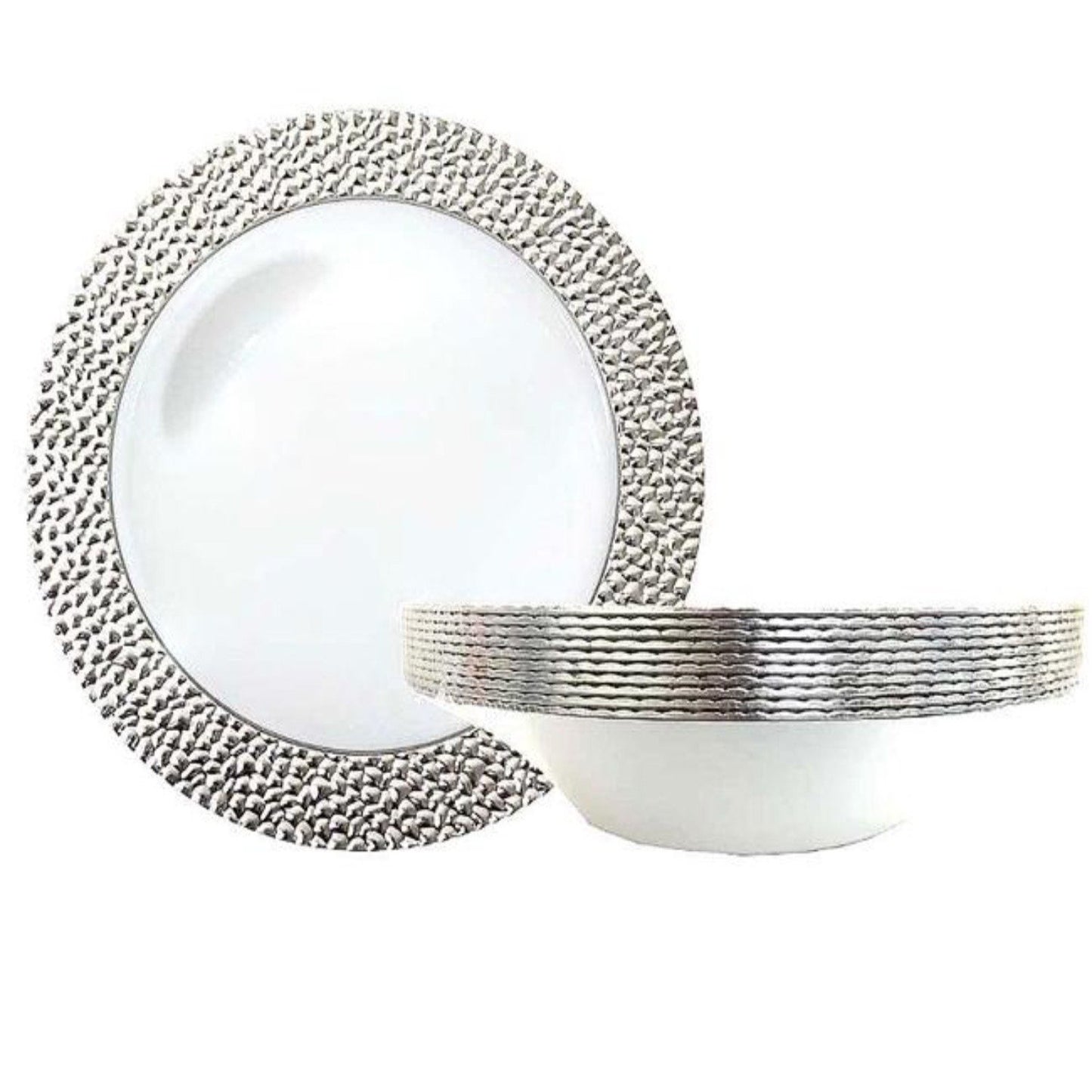 Hammered Collection Soup Bowls White Silver 12 oz Bowls Decorline   