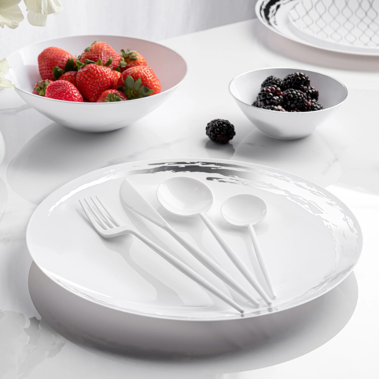 Whisk Collection Plastic Dinner Plates White & Silver 10.25" Tablesettings Decorline   