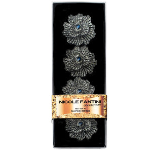 SALE Buttercup Silver Plated with Blue Crystal Napkin Rings Set of 4 Napkin Rings Nicole Fantini Collection   