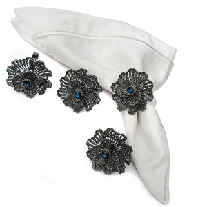 SALE Buttercup Silver Plated with Blue Crystal Napkin Rings Set of 4 Napkin Rings Nicole Fantini Collection   