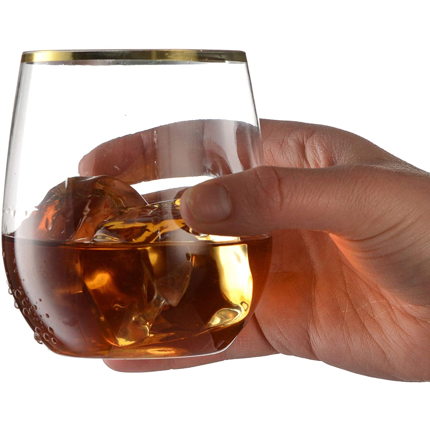 Gold Rim Stemless Plastic Wine Glasses Goblet 12 oz Cups Decorline   