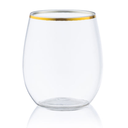 Gold Rim Stemless Plastic Wine Glasses Goblet 12 oz Cups Decorline 6 Pieces  