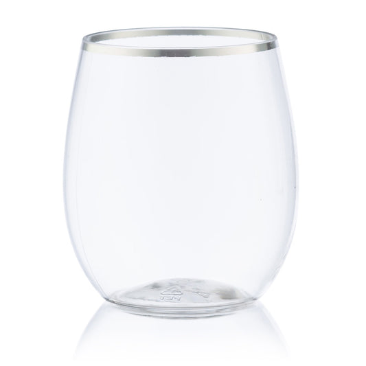 Silver Rim Stemless Plastic Wine Glasses Goblet 12 oz Cups Decorline 6 Pieces  